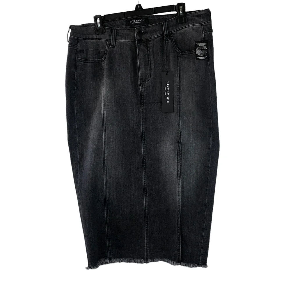 NWT Liverpool High Rise Denim Skirt W/ Slit Frayed Hem 29" Black Midi Size 14 - Picture 2 of 7